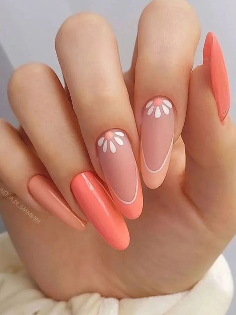 two tone peach nails with simple flowers Uñas Color Coral, Coral Nails With Design, Yellow Nail Art, Peach Nails, Coral Nails, Trendy Nail Art Designs, Trendy Nail Art, Oval Nails, Yellow Nails