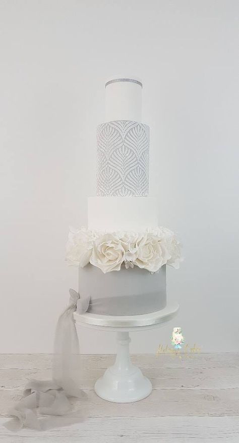 White Rose Wedding Cake, Wedding Cake Theme, Gray Wedding Cake, Rose Wedding Cake, White Rose Wedding, Types Of Wedding Cakes, Cake Design Inspiration, Silver Wedding Cake, Creative Wedding Cakes