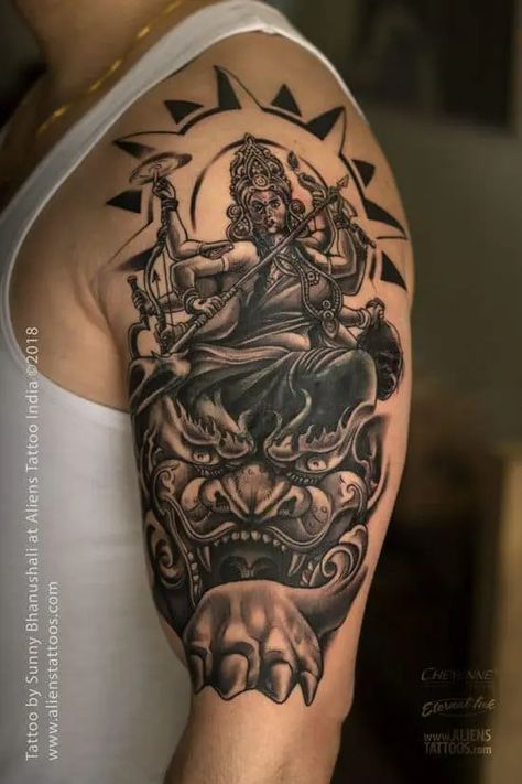 Maa Durga Tattoo, Durga Tattoo, Maa Tattoo Designs, Aliens Tattoo, Kali Tattoo, Hindu Tattoos, Ma Tattoo, Mantra Tattoo, Heaven Tattoos