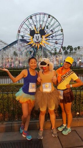 Running costumes: Kevin, Dug, and Russell from Up! Disney Half Marathon Outfits, Disfraz Up, Disney Group Costumes, Russell From Up, Halloween Running Costumes, Disney Running Outfits, Pixar Costume, Matching Family Halloween Costumes, Disney Family Costumes