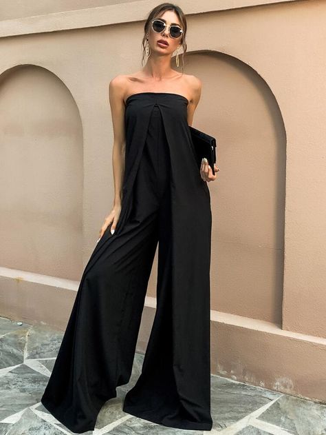 Black Strapless Jumpsuit, Jumpsuit Wide Leg, Tube Jumpsuit, Solid Color Jumpsuits, Backless Romper, Loose Jumpsuit, Jumpsuit Elegant, Strapless Jumpsuit, Style Noir