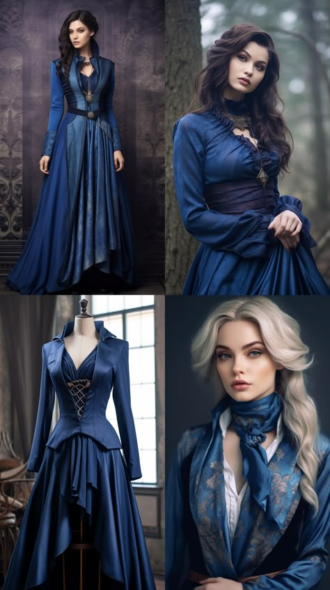 Winter Fantasy Outfit, Fantasy Mage Outfit, Cool Fantasy Outfits, Blue Fantasy Dress, Ravenclaw Style, Riding Dress, Garnet Dress, Fantasy Clothes, Fantasy Outfits