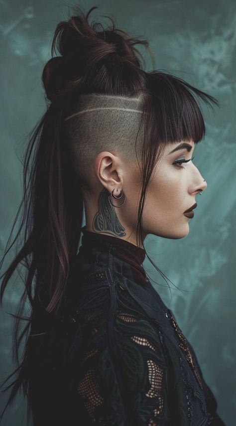 One Side Shaved Hairstyles Long, Undercut Long Hair Female Undercut Long Hair, Formal Undercut Hairstyles, Buzzed Undercut Women, Bangs Undercut Long Hair, Shaved Hair With Bangs, Long Hair Sides Shaved, Split Hair Styles, V Bangs Long Hair