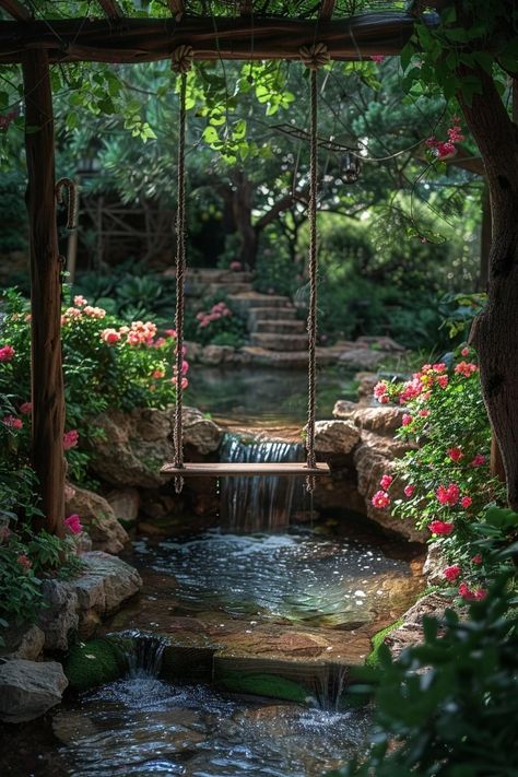 Cool Pond Ideas, Gardens In California, Cool Backyard Features, Landscape Stream Ideas, Fairy Inspired Garden, Magical Backyard Landscaping, Water Feature Landscaping, Gardens With Fountains, Farm Landscape Ideas