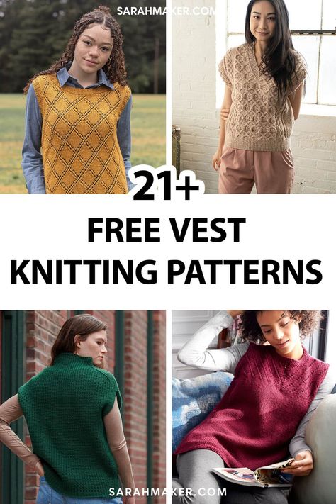 Knitted vests are versatile layering pieces that you can wear year-round. From breezy summer vests to fitted fall layers, it's hard to find an occasion when a vest isn't a great option. And the best part is, they're relatively easy to make! Here are 21 free vest knitting patterns for everyone, from beginners to expert knitters. Happy knitting! Vest Knitting Patterns For Women, Knitted Vest Patterns Free For Women, Vest Knitting Patterns, Crochet Vest Patterns, Knit Vest Pattern Women, Knit Vest Pattern Free, Patons Classic Wool, Vest Patterns, Free Knitting Patterns For Women