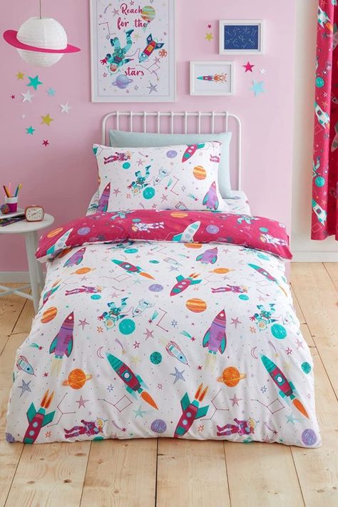 Girls Space Bedroom, Outer Space Room, Outer Space Bedroom, Girls Duvet Covers, Space Themed Bedroom, Space Themed Room, Pink Duvet, Toddler Girl Room, Pink Duvet Cover