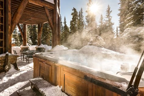 Hannah's family's ski cabin, outdoor hot tub and seating area Cozy Hot Tub Aesthetic, Cabin Hot Tub Aesthetic, Hot Tub In The Mountains, Winter Cabin Honeymoon, Hot Tub In The Snow, Ski Cabin Aesthetic, Snowy Hot Tub, Small Winter Cabin, Aesthetic Hot Tub