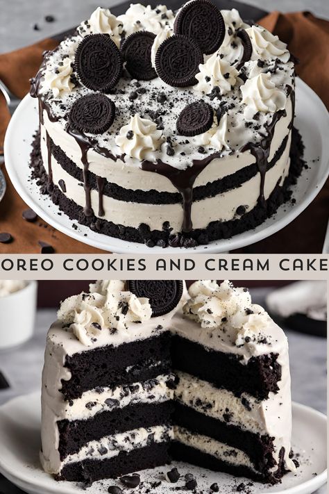 Experience pure indulgence with our Oreo Cookies and Cream Cake! Layers of moist chocolate cake filled with a velvety cookies and cream filling, topped with a decadent Oreo-infused frosting. A heavenly delight for all the cookie lovers out there! 🍫🍰 #OreoCake #CookiesandCream #myskinnyrecipes Chocolate Cake With Cookies And Cream Filling, Homemade Cookies And Cream Cake, Cookies And Cream Layer Cake, Oreo Cream Filling For Cake, Chocolate Cookies And Cream Cake, Easy Cookies And Cream Cake, Oreo Chocolate Cake Recipe, Cookie Cake Filling, Cookies And Cream Recipes