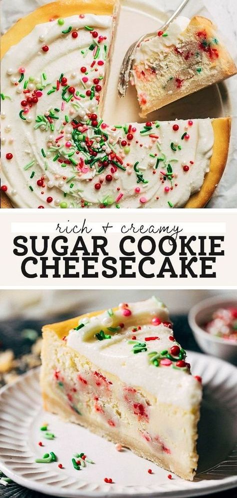 New Years Cake Recipes, Sugar Cookie Dough Cheesecake, Sugar Cookie Crust Cheesecake, Sugar Cookie Cheesecake Recipe, Christmas Cookie Cheesecake, Christmas Sugar Cookie Cheesecake, Cheesecake Recipes Christmas, Cheese Cake Crust, Sugar Cookie Cheesecake Bars