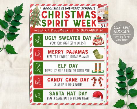 Christmas Pep Rally Ideas, December Spirit Week Ideas, Holiday Spirit Week Ideas For Work, Christmas Spirit Week Ideas For Work, Christmas Spirit Week Ideas, Winter Spirit Week, Christmas Spirit Week, Christmas Weekly Planner, Holiday Spirit Week