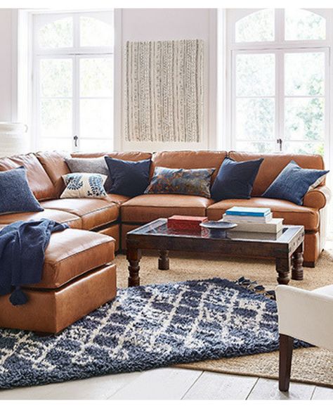 I'm loving this tan + navy living room! This leather L couch is gorgeous! Navy throw pillows are a nice addition #ad Leather L Couch, Navy Living Room Decor, Navy Sofa Living Room, Blue Accents Living Room, Navy Living Room, Blue Couch Living, L Couch, Brown And Blue Living Room, Tan Living Room