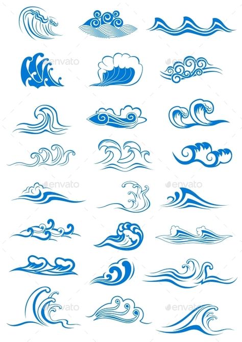 Blue Ocean Waves Set Miami Ink Tattoos, Wave Drawing, Sketch Note, Ocean Tattoos, Seni 2d, Arrow Tattoo, Waves Tattoo, 문신 디자인, Water Waves