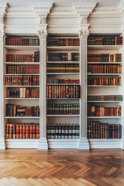 Built In Bookshelves Crown Molding, White Library Aesthetic, Molding Bedroom, Bookshelves Modern, Crown Molding Ideas, Elegant Library, Home Library Ideas, Recessed Wall Niche, Fireplace Bookcase