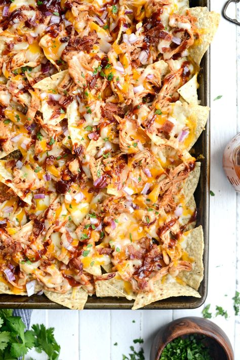 Sheet Pan BBQ Chicken Nachos l SimplyScratch.com (10) Nacho Ideas, Pulled Chicken Nachos, Sheet Pan Bbq Chicken, Pan Bbq Chicken, Nachos Chicken, Bbq Nachos, Bbq Chicken Nachos, Sheet Pan Nachos, Chicken Nachos Recipe