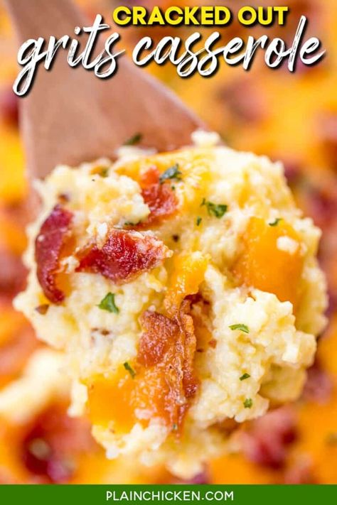 Cracked Out Grits Casserole - Plain Chicken Sausage Grits, Resep Makanan Beku, Fruit Salad With Pudding, Cracked Out, Grits Casserole, How To Cook Grits, Grits Recipe, Plain Chicken, Cheesy Bacon