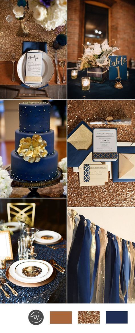 gold and navy blue wedding color combination ideas Blue And Gold Wedding, Navy Blue And Gold Wedding, Wedding Color Scheme, Wedding Color Combinations, Starry Night Wedding, Wedding Navy, 2017 Trends, Wedding Color Combos, Dress Pictures