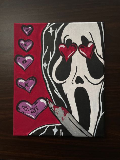 Halloween Drawings For Boyfriend, Ghost Face Valentines Day, Scream Painting Easy, Scream Movie Painting, Scream Painting Aesthetic, Scream Canvas Painting, Scream Painting Ideas, Scream Drawing Easy, Valentines Day Painting Ideas On Canvas