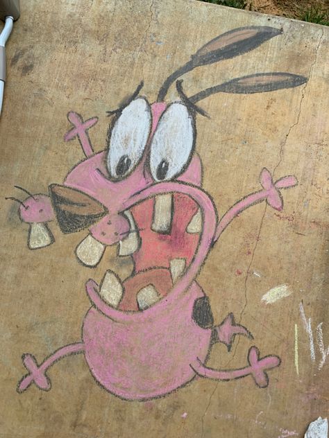 Sidewalk chalk art Funny Chalk Art, Cartoon Chalk Art, Mario Chalk Art, Fun Chalk Art, Street Murals, Random Doodles, Chalk Ideas, Side Walk, Courage The Cowardly Dog