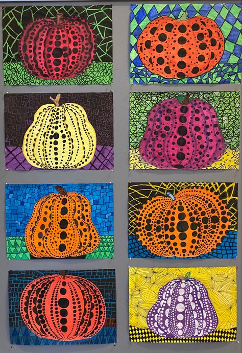 Art Class Halloween, Fifth Grade Fall Art Projects, Fall Art Project Elementary, Contrasts In Art, Yahoo Kusama Art Lesson, Yayoi Kusama Pumpkins, Fall Elementary Art Lessons, Yayoi Kusama Pumpkin Art Lesson For Kids, Fall Kindergarten Art Projects