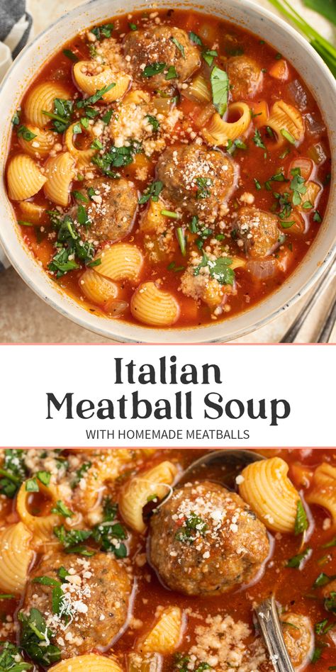 Incredible Italian meatball soup takes homemade Italian meatballs and combines them with tender pasta, fresh veggies, and a flavorful tomato broth for a hearty, satisfying soup that's super easy to make. Great for cooler weather and busy evenings. Italian Meatball Tortellini Soup, Mini Meatball Soup Recipes, Fast And Easy Soup Recipes, Italian Meatball Soup, Homemade Italian Meatballs, Pasta Fresh, Italian Meatball, Fall Soup, Homemade Soup Recipe