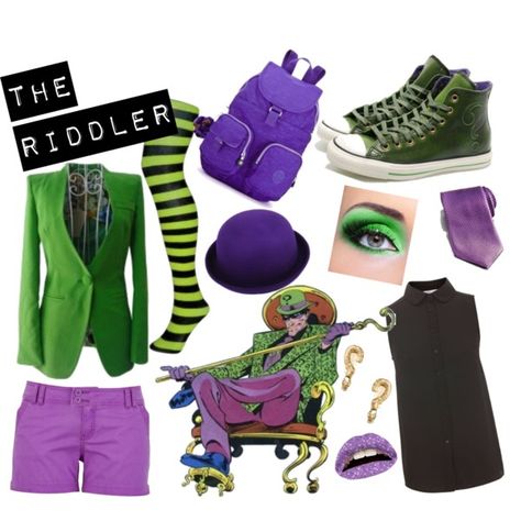 The Riddler by cupcakedalek on Polyvore featuring ASOS, Ermenegildo Zegna, Violent Lips, Converse and riddler Female Joker Costume, Riddler Costume, Joker Costume, Villain Costumes, Halloween 2017, Casual Cosplay, Halloween Costume, Cool Halloween Costumes, Couple Halloween