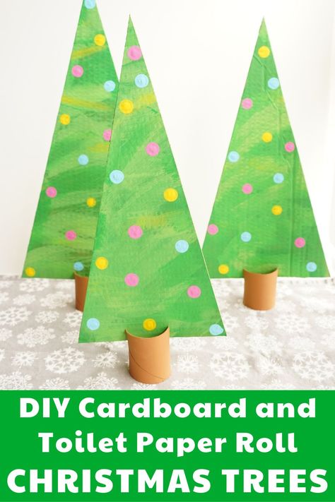 Learn how to make these bright and cheerful cardboard and toilet paper roll Christmas trees. Fun Christmas craft for kids and adults make. The perfect colorful addition to your Christmas decor. #christmastreecraft #toiletpaperrollcraft Paper Towel Roll Christmas Tree, Toilet Paper Roll Christmas Tree Craft, Christmas Tree Toilet Paper Roll Craft, Tp Roll Christmas Crafts, Toilet Paper Roll Christmas Tree, Paper Roll Christmas Tree, Toilet Paper Roll Christmas, Roll Christmas Tree, Paper Roll Christmas