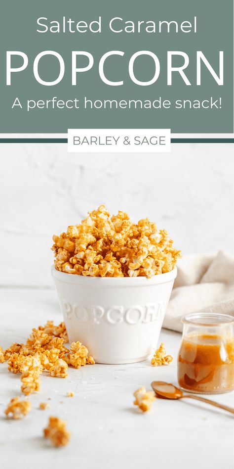 This salted caramel popcorn is made with air popped popcorn and then baked to perfection with homemade salted caramel and sea salt! Salted Caramel Popcorn Recipe, Air Popped Popcorn Recipe, Carmel Popcorn Recipe, Caramel Popcorn Recipe, Popcorn Salt, Pantry Meals, Homemade Salted Caramel, Cinnamon Bun Recipe, Popcorn Recipes Caramel