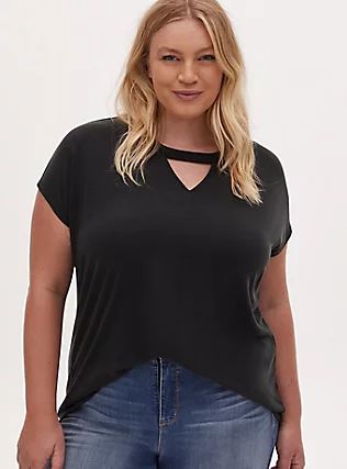 Black Cupro Keyhole Dolman Tee, DEEP BLACK Legs Outfit, Cutout Shorts, Lace Sleeve Top, Ribbed Turtleneck, Lace Inset, Feel Pretty, Plus Size Womens Clothing, Curvy Outfits, Deep Black