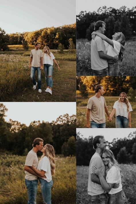 Couples Field Photoshoot Outfits, Black Top And Jeans Engagement Photos, Engagement Pictures Mens Outfit, Neutral Color Engagement Outfits, Fall Engagement Shoot Outfit Ideas, Engagement Photos Outfit Inspiration, Summer Engagement Outfit Ideas, Black Shirt Engagement Pictures, Engagement Outfits Jeans