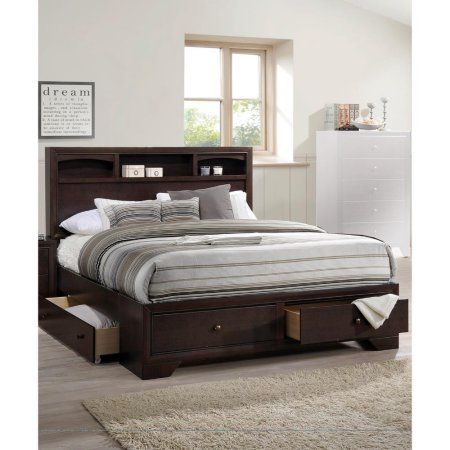 Dark Bedroom Ideas, Queen Size Storage Bed, Storage Bed Queen, Eastern King Bed, King Storage Bed, Under Bed Drawers, Storage Beds, Bookcase Headboard, Dark Bedroom