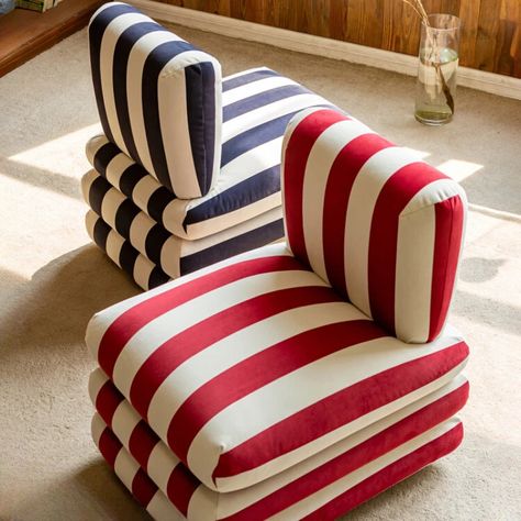 Our striped accent chairs are a charming addition to your home, fusing contemporary chic with a touch of bohemian flair. These beautifully crafted pieces exhibit a bold contrast of red and blue hues, their wide stripes evoking a sense of whimsy and fun. Perfectly contoured for comfort, the chairs' plush cushioning invites you to sink into a world of cosy sophistication. Fun Interior Design, Striped Armchair, Striped Furniture, Joy Decorations, Red Furniture, Funky Chairs, Boho Inspo, Striped Chair, Boho Chair