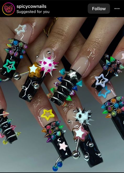 Chunky French Tip, French Tip Junk Nails, Junk Nails, Punk Nails, Colored Acrylic Nails, Cute Acrylic Nail Designs, Classy Acrylic Nails, Exotic Nails, Really Cute Nails