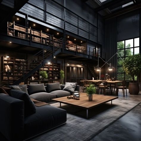 Dark Brutalist Interior, Dark Modern Industrial, Black Houses Aesthetic, Brutalist Interior Design, Houses Aesthetic, Dark Industrial, Australian Houses, Brutalist Interior, Warehouse Project