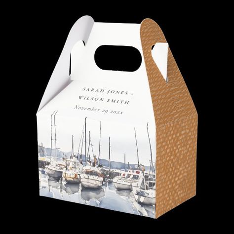 Muted Coastal Boats at Harbor Seascape Wedding Favor Boxes Yacht Club Wedding Decor, Coastal Chic Wedding, Coastal Wedding Invitations, Event Stationery, Coastal Crafts, Wedding Welcome Gifts, Cape Wedding, Wedding Favor Box, Shotgun Wedding