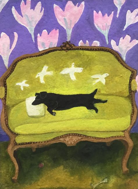 Slow morning - March 2019 Animals In Bed Illustration, Dog Sitting Illustration, Sleeping Dog Painting, Dog In Garden Illustration, Sleeping Cat Painting, Slow Morning, Cat Portrait Painting, Dog Prints, Watercolour Card