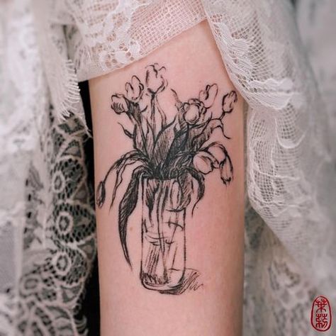 Flowers In A Vase Tattoo, Chan Tattoo, Jasmine Chan, Print Making Designs, Vase Tattoo, Nyc Tattoo, Battle Scars, Flowers In A Vase, Sketch Tattoo