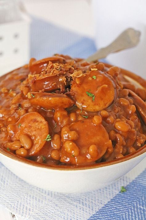 Sausage And Beans Crockpot, Kielbasa And Baked Beans, Polska Kielbasa Recipes Easy Crock Pot, Kielbasa And Beans Recipes, Baked Beans With Kielbasa, Slow Cooker Kielbasa Recipes, Crockpot Kielbasa Recipes, Kielbasa And Kidney Beans, Slow Cooker Kielbasa And Barbecue Beans