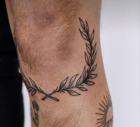 Unique Tattoo Ideas For Men, Laurel Tattoo, Laurel Wreath Tattoo, Tattoo Knee, Voodoo Doll Tattoo, Wreath Tattoo, Unique Tattoo Ideas, Sacred Heart Tattoos, Doll Tattoo