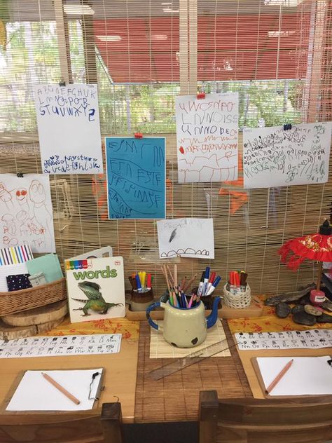 Walker Learning Approach Australia Writing Provocations, Preschool Aesthetic, Reggio Kindergarten, Kindergarten Tables, Story Workshop, Walker Learning, Elementary Literacy Activities, 2024 Classroom, High Scope