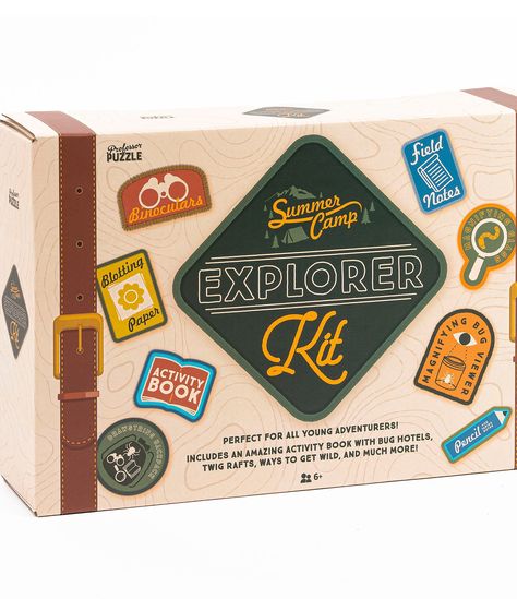 From Professor Puzzle, this explorer kit features:Magnifying glassMagnifier with standModel spierBug hotelCard binocularsTwig raftsBlotting paper25-page field notes padActivity bookPencil and drawstring bagAge 6+Imported.Get ready to discover the outdoors and be close to nature with this great kit that has everything a young explorer needs. From the mini magnifying glass to the card binoculars and bug viewer, there s no end of fun to be had. Just Travel Packaging Design, Mountain Branding, Zoo Exhibit, Bug Activities, Adventure Bags, Bug Hotel, Winter Weekend, Collection Ideas, Adventure Map