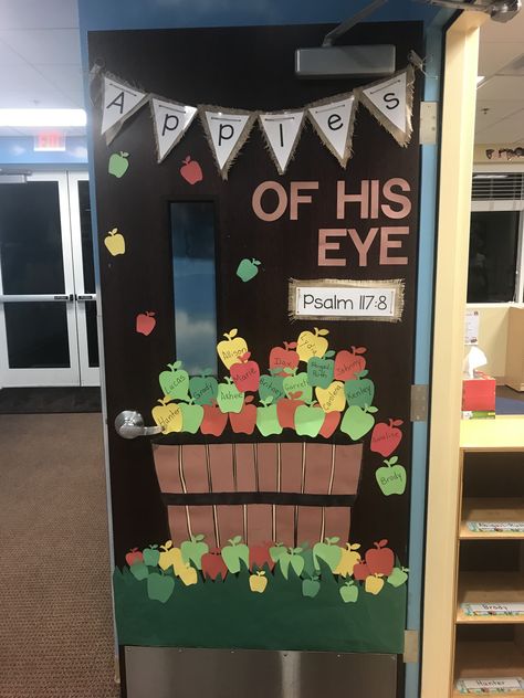 Apple Tree Door Decorations Classroom, Apple Boards For Preschool, Fall Apple Door Decorations Classroom, Christian Fall Classroom Door Ideas, Fall Door Designs Daycare, Apple Theme Door Decoration, Fall Classroom Door Christian, Fruit Classroom Door Ideas, Apple Door Ideas For Classroom