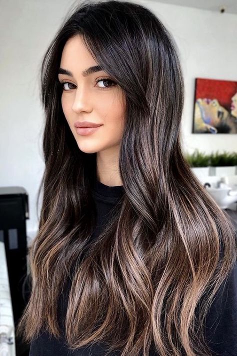 Best Balayage Black Hair: 30+ Gorgeous Trending Ideas for 2021 32 Bombshell Hair, Dark Brunette Hair, Black Hair Balayage, Professional Hair Color, Brunette Hair With Highlights, Radical Change, Dark Hair With Highlights, Caramel Highlights, Dark Brown Hair Color