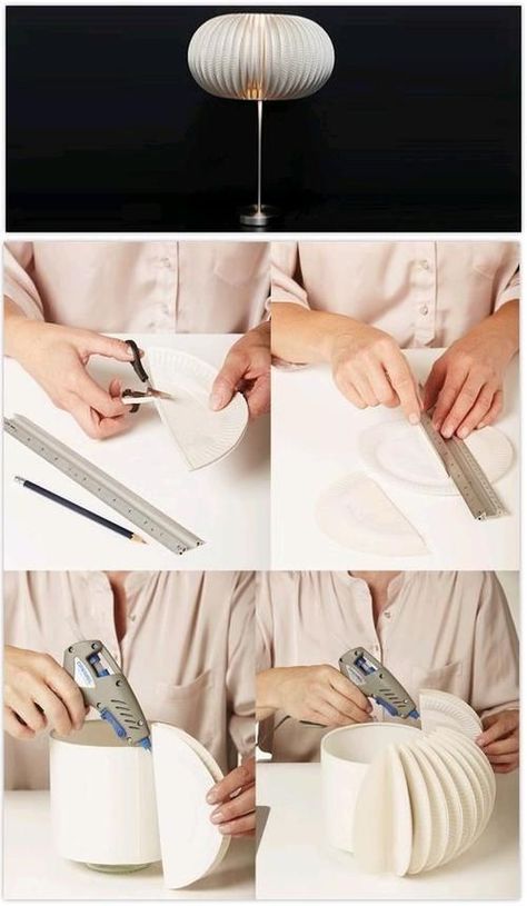 Simple table lamp tutorial, all you need is: paper plate, scissor, glue and a cylindrical lamp shade. Do not forget to read our full DIY guide on Custom La Origami Lamp, Make A Lamp, Vintage Industrial Lighting, Diy Lampe, Deco Luminaire, Outdoor Light Fixtures, Rustic Lighting, Diy Lamp, Paper Lanterns