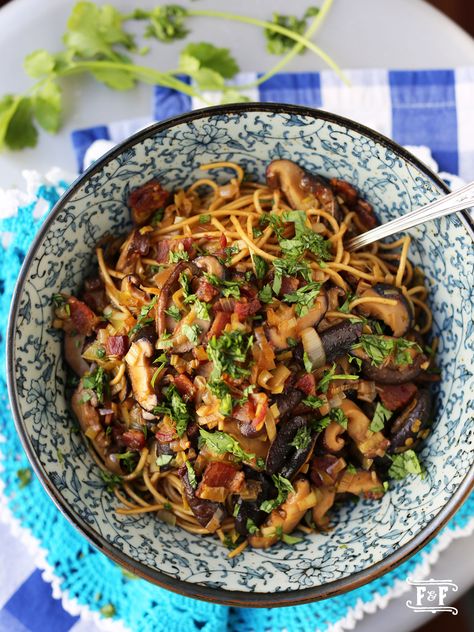 Shiitake and Leek Noodles | Flavor and Friends Chef Anne Burrell, Leek Recipes, Bacon Grease, Shiitake Mushroom, Bacon Cheese, Pad Thai, Leeks, Japchae, Noodles