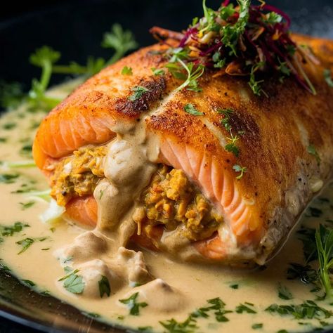 Fine Dining Salmon Recipes, Cajun Stuffed Salmon, Gourmet Fish Recipes, Mood Board For Kitchen, Gourmet Food Recipes, Cauliflower Pizza Recipe, Nourish To Flourish, Stuffed Salmon, East Recipes