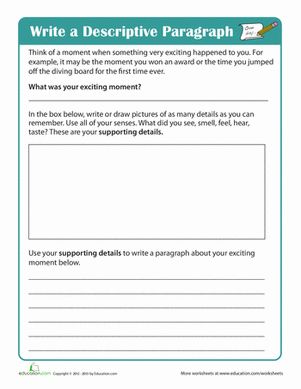 Third Grade Fourth Grade Composition Worksheets: Write a Descriptive Paragraph Writing A Paragraph, Paragraph Writing Worksheets, Show Not Tell, 4th Grade Writing Prompts, Descriptive Paragraph, Paragraph Worksheets, Descriptive Writing Activities, Creative Writing Topics, Creative Writing Exercises