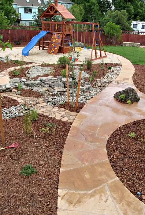 15 Fun Backyard Ideas for Kids Play Backyard, Kid Friendly Backyard, Patio Edging, Kids Backyard, No Grass Backyard, Play Ground, Big Yard, Play Yard, Large Backyard