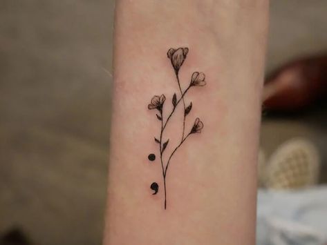 Semicolon and Flowers tattoo Semi Colon Tattoo Flower, Semicolon Wrist Tattoo, Semicolon Tattoo Ideas, Semicolon Tattoo Meaning, Semicolon Tattoos, Colon Tattoo, Grandma Tattoos, Tattoo With Flowers, Hyper Realistic Tattoo