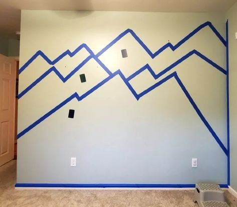 Mountain Mural Kids Room, Painting A Mountain, Diy Mountain Mural, Mountain Wall Painting, Kids Accent Wall, Paint A Mountain, Paint A Mural, Boys Room Mural, Boy Room Paint