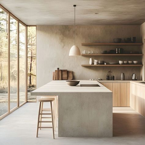 This minimalist kitchen showcases a stunning concrete island as the focal point, paired with light wood cabinetry and open shelving. The large floor-to-ceiling windows flood the space with natural light, creating a bright and airy feel. The industrial concrete elements contrast beautifully with the warm wood, while neutral tones and simple decor enhance the calming, serene atmosphere. Perfect inspiration for those seeking modern, Scandinavian-inspired material building ideas! Cement Island Kitchen, Cement Floor Kitchen Ideas, Concrete Floor Kitchen Ideas, Concrete Kitchen Island Ideas, Bedroom Concrete Floor, Concrete And Wood Interior, Indoor Concrete Floor Ideas, Concrete And Wood Kitchen, Concrete Minimalist House